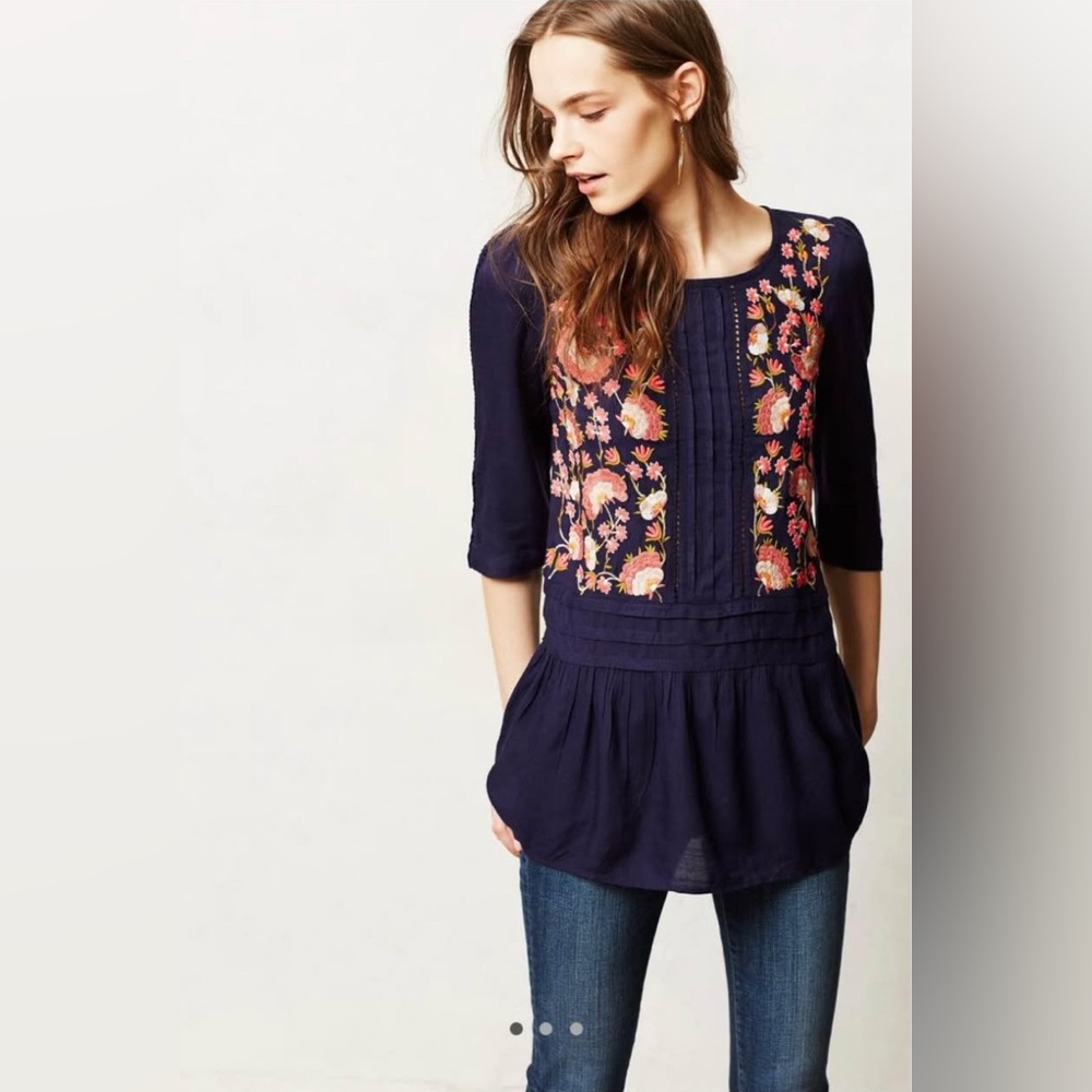 ANTHROPOLOGIE FLOREAT Navy Blue Peplum embroidered LUANA tunic blouse Size 8 NWT